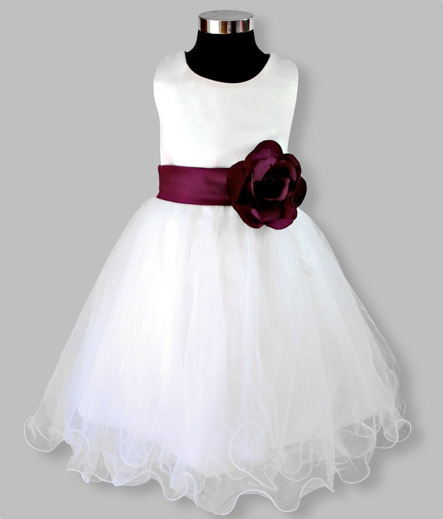 'Alexis' White Party / Flower Girl Dress - Burgundy sash