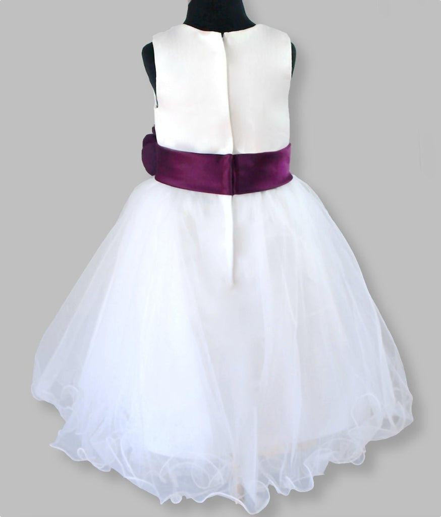 'Alexis' White Party / Flower Girl Dress - Burgundy sash